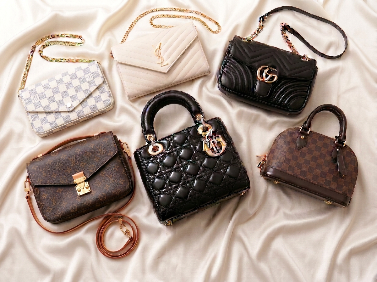 Curated collection of seven authentic luxury designer handbags arranged on soft cream satin