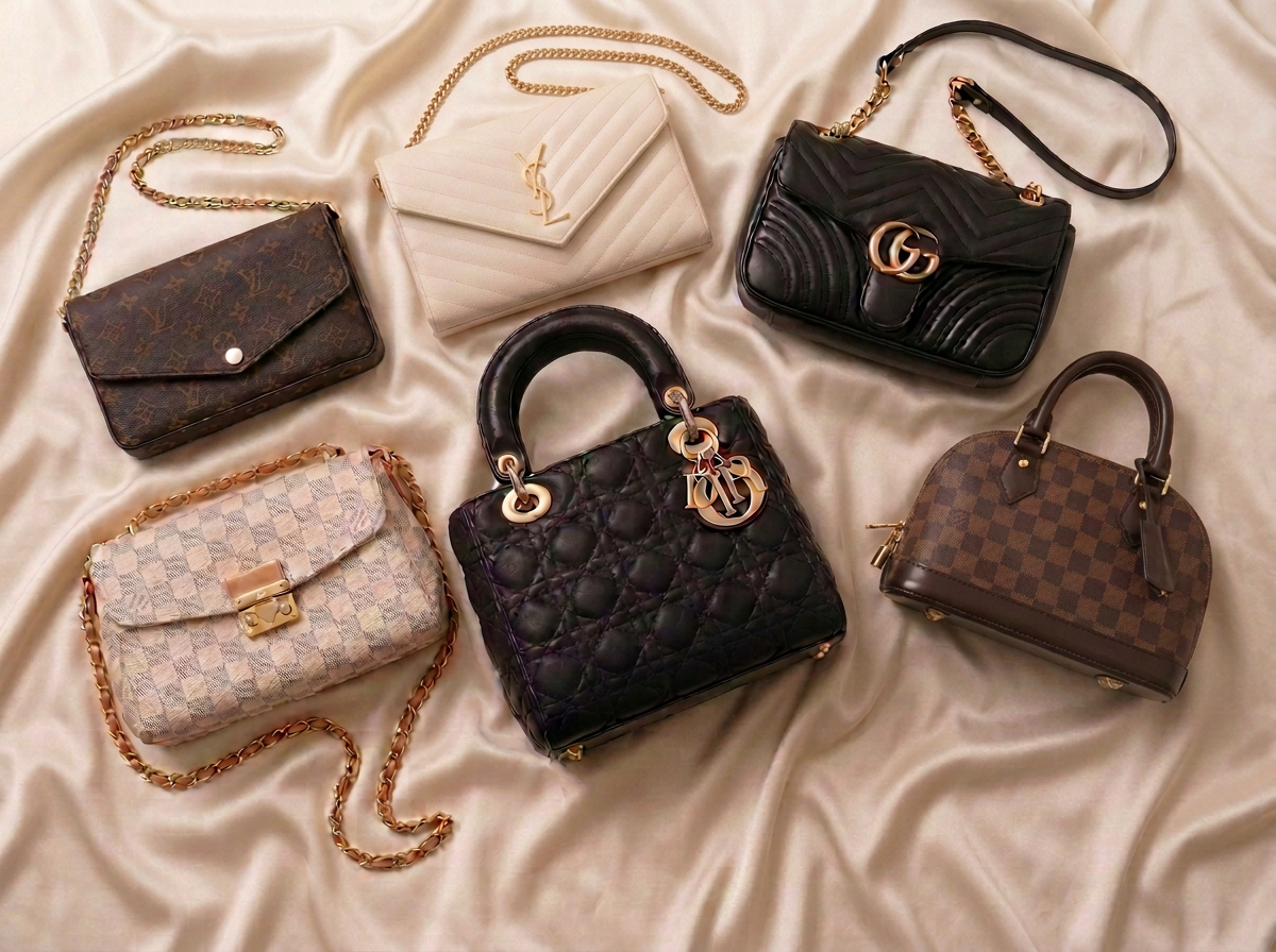 Curated collection of seven authentic luxury designer handbags arranged on soft cream satin