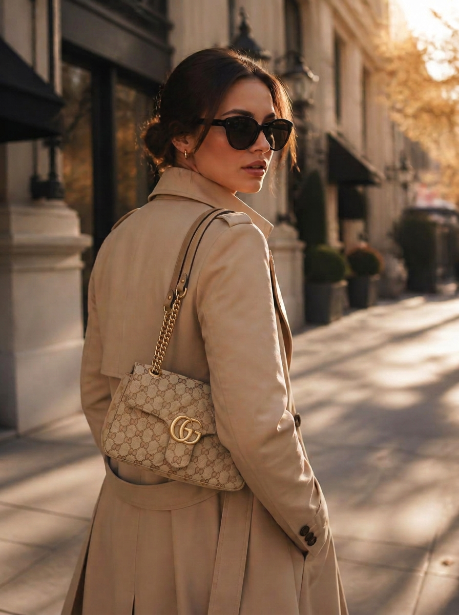 Woman walking in downtown Montreal with a monogram chain-strap shoulder bag