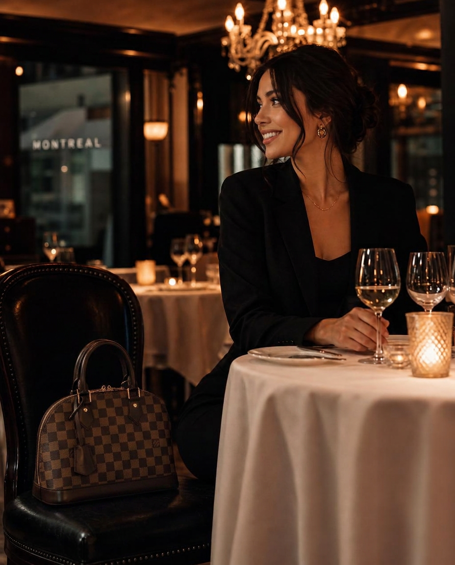 Dinner at a chic restaurant with a Louis Vuitton Alma handbag on the seat