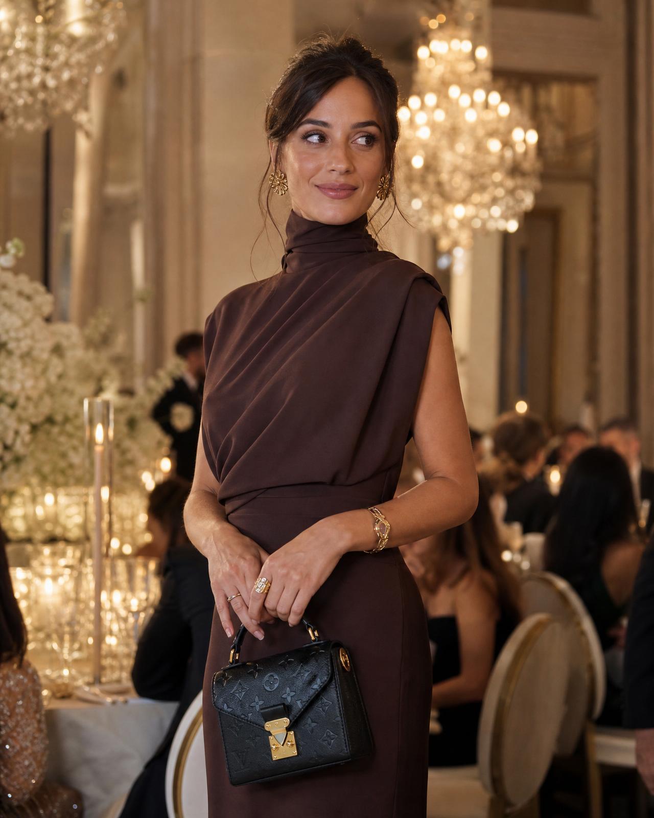 Sophisticated wedding guest holding a small black Louis Vuitton handbag at an elegant indoor reception